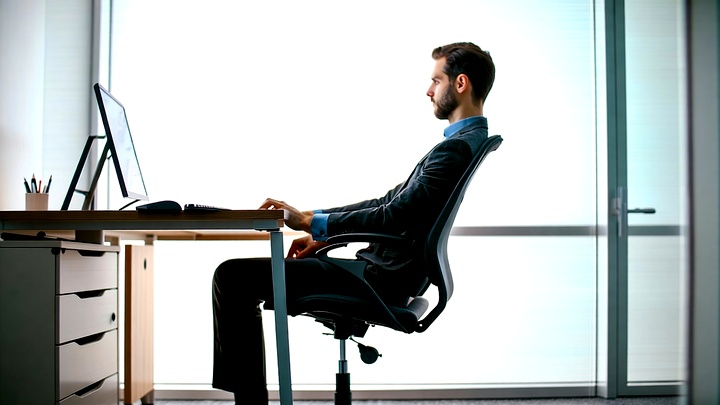 Personne travaillant avec un débord discal ajustant sa chaise ergonomique au bureau moderne. Environnement de travail sain.