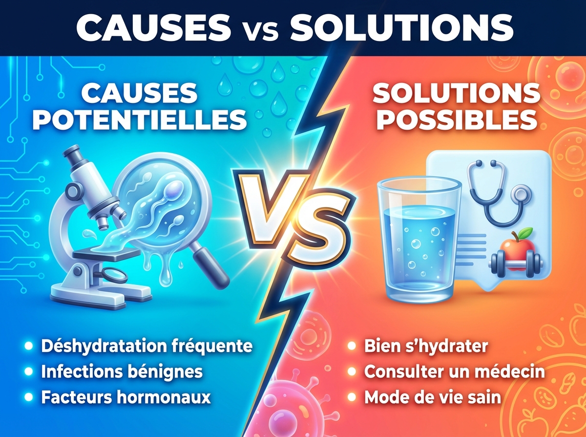 Infographie duel visual : Pourquoi mon sperme est gélatineux ? Causes et solutions