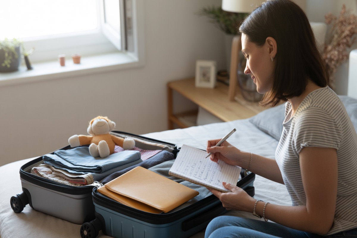 Femme range valise avec jouet enfant et notes dans chambre lumineuse