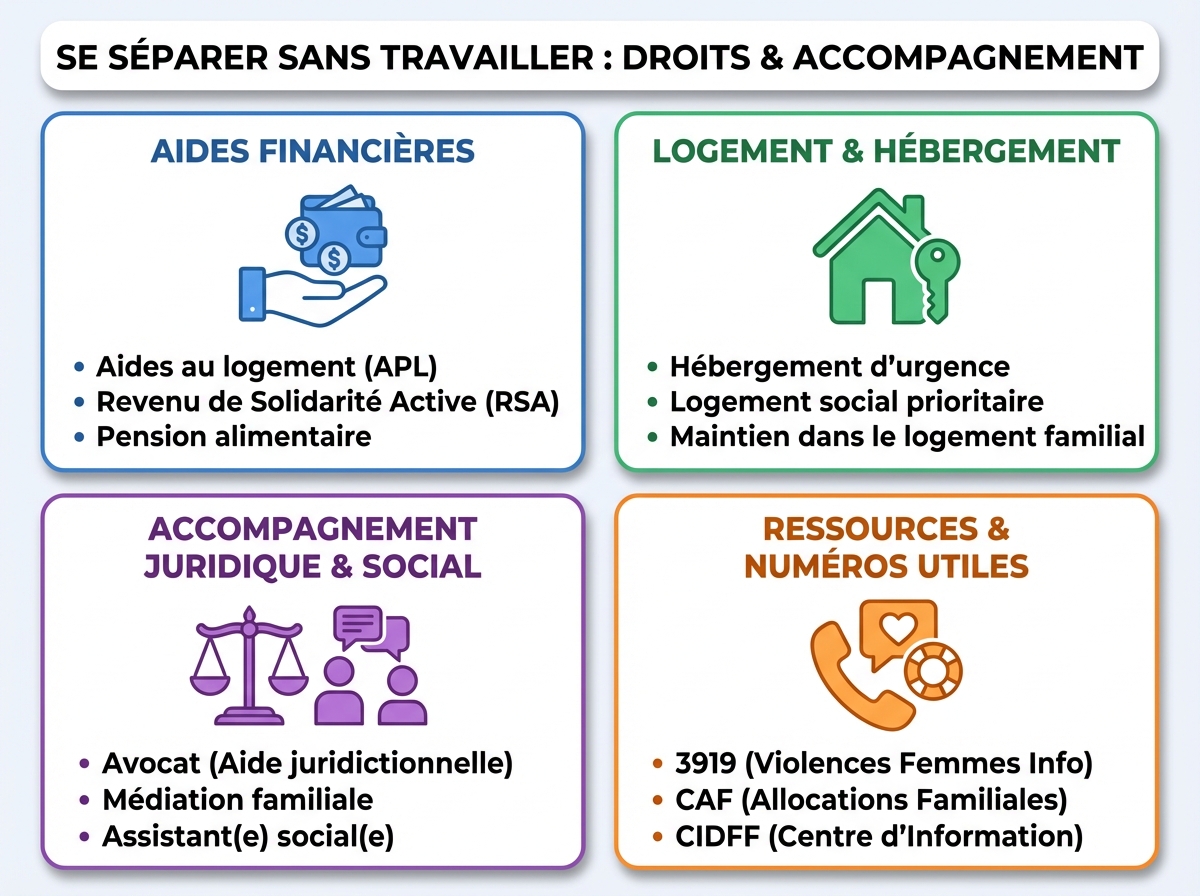 Infographie cheat sheet : Quitter mon mari quand je ne travaille pas : droits et aides