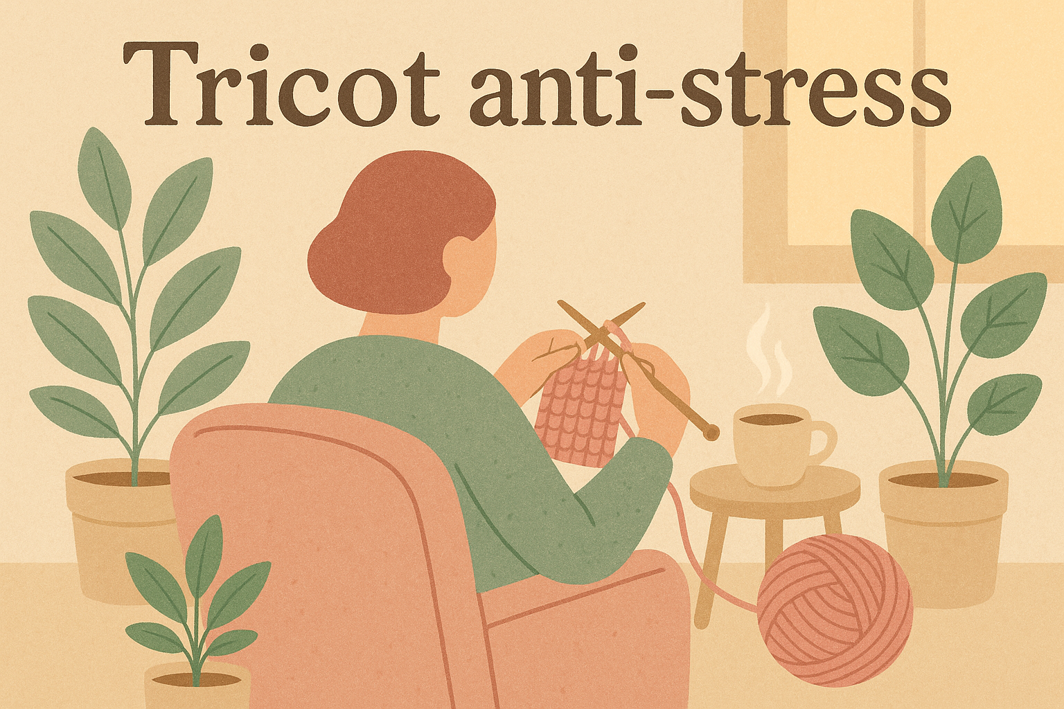 Illustration tricot anti-stress fauteuil tasse the ambiance detente