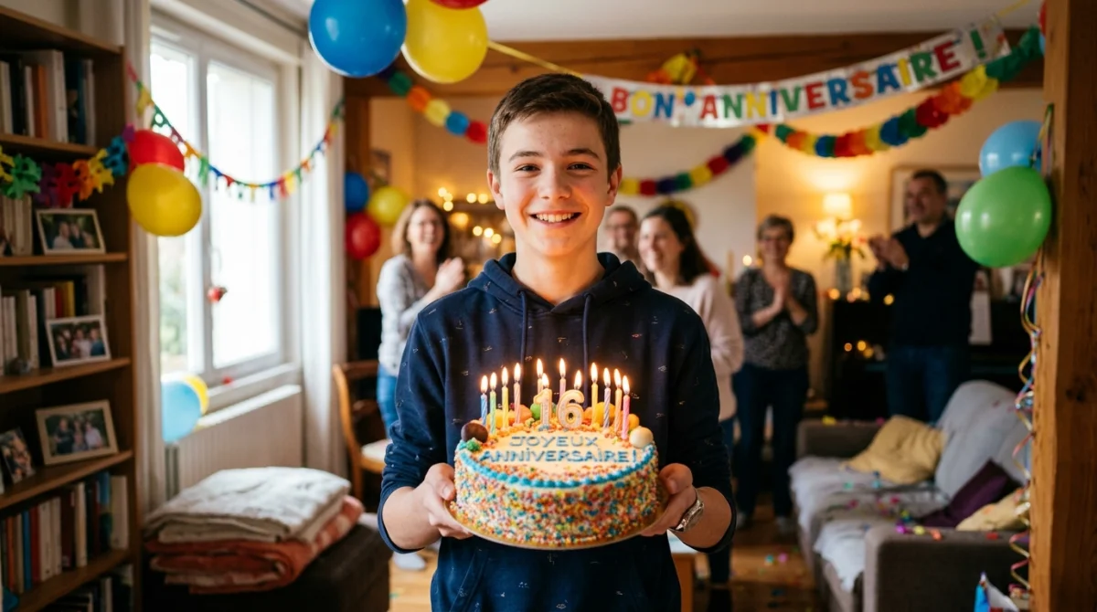 Beau-fils souriant recevant un gâteau d'anniversaire dans un salon familial chaleureux.