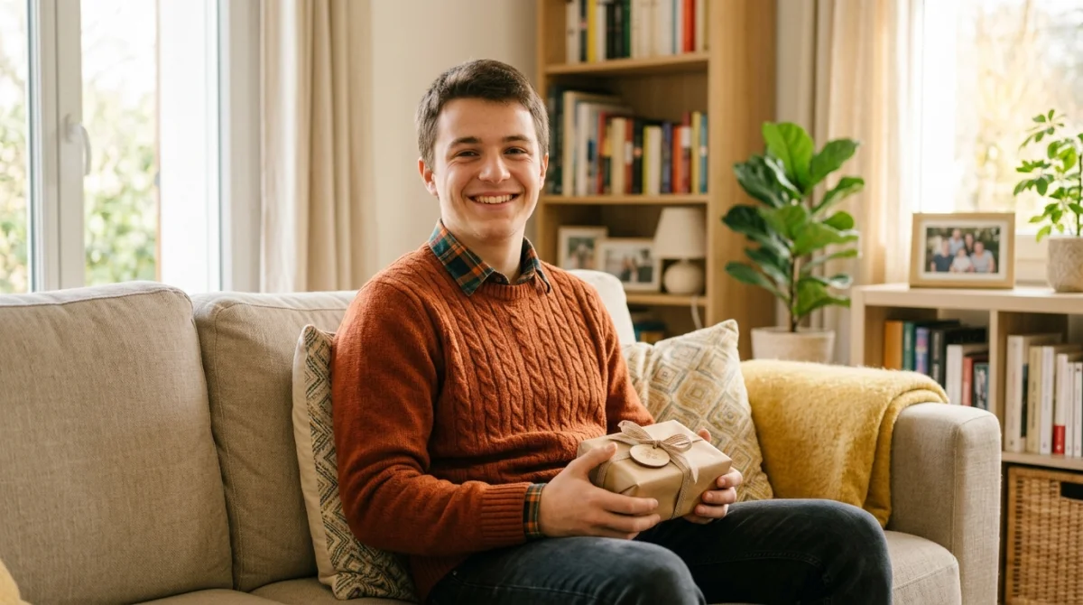 Beau-fils souriant dans un salon chaleureux, cadeau à la main, lumière naturelle douce.