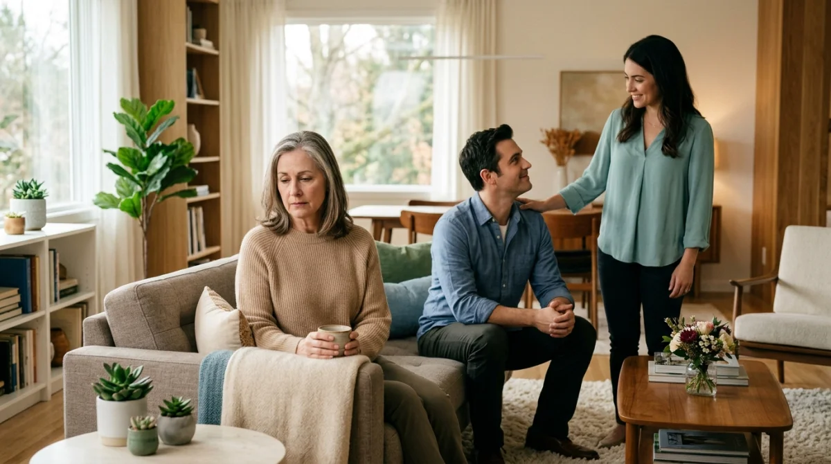 Mère et fils séparés par belle-fille, tension familiale dans salon moderne