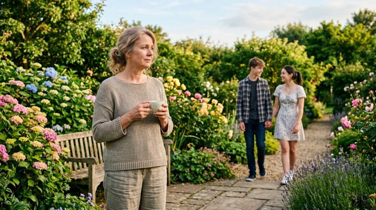 Mère inquiète regardant son fils adolescent et sa belle-fille main dans la main dans un jardin.