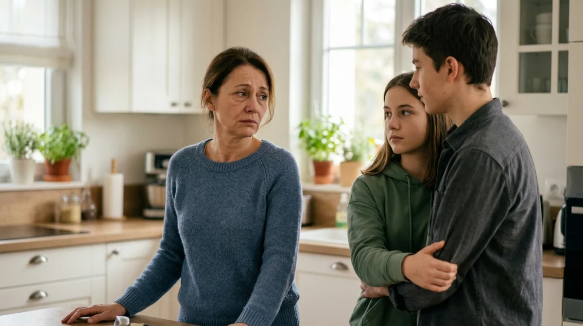 Mère triste observant son fils près de sa belle-fille dans une cuisine moderne