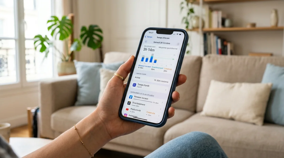 Main tenant un iPhone affichant le contrôle parental "Temps d'écran" pour bloquer le téléphone de votre fils.
