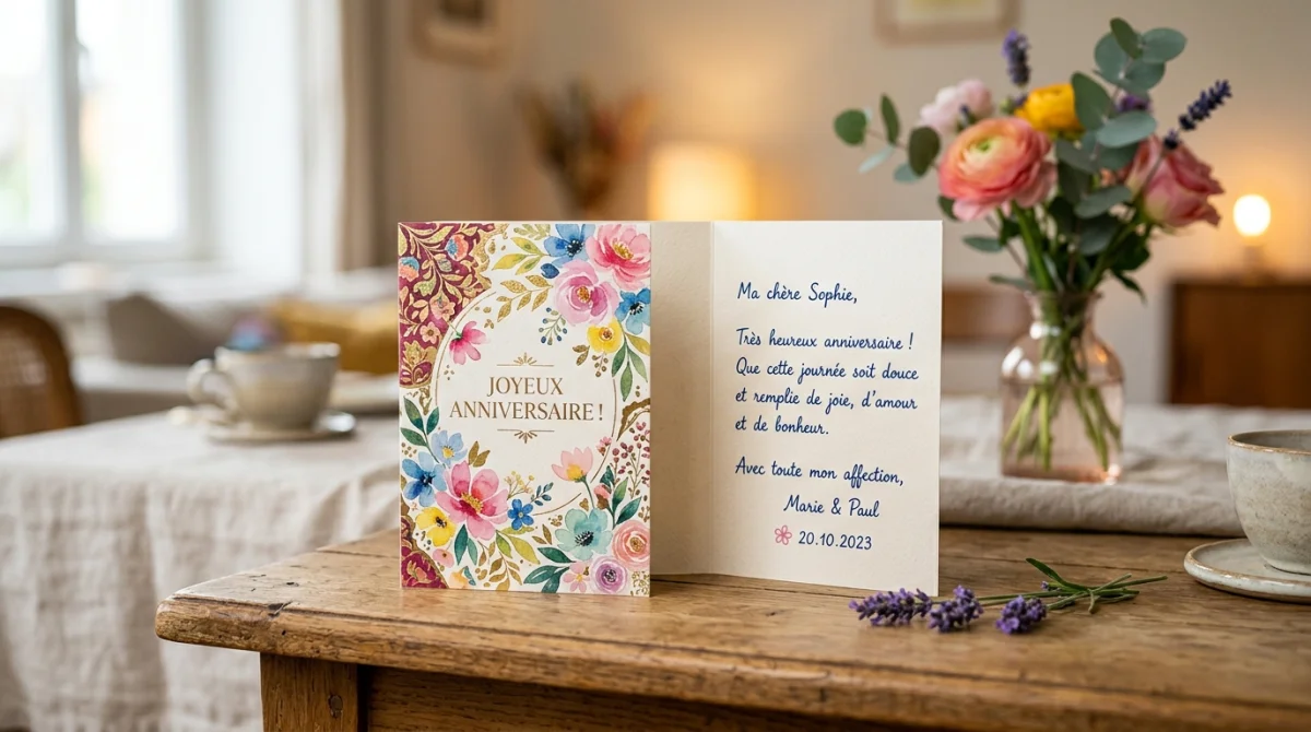Carte d'anniversaire décorée pour une fille adulte, ambiance chaleureuse et affectueuse.