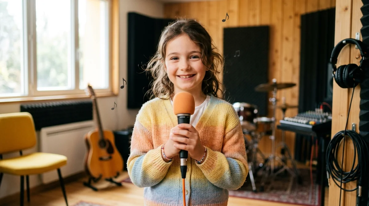 Jeune fille souriante chantant au microphone dans un studio chaleureux, ambiance joyeuse et musicale.