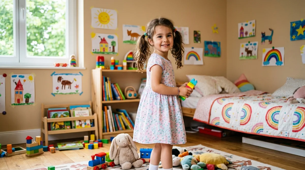 Fillette souriante en chambre d'enfant, curieuse et innocente, explorant son corps.