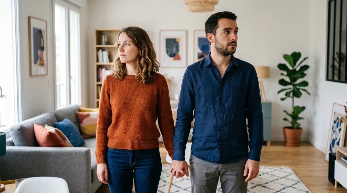 Couple en tension dans un salon moderne, symbolisant les difficultés relationnelles.