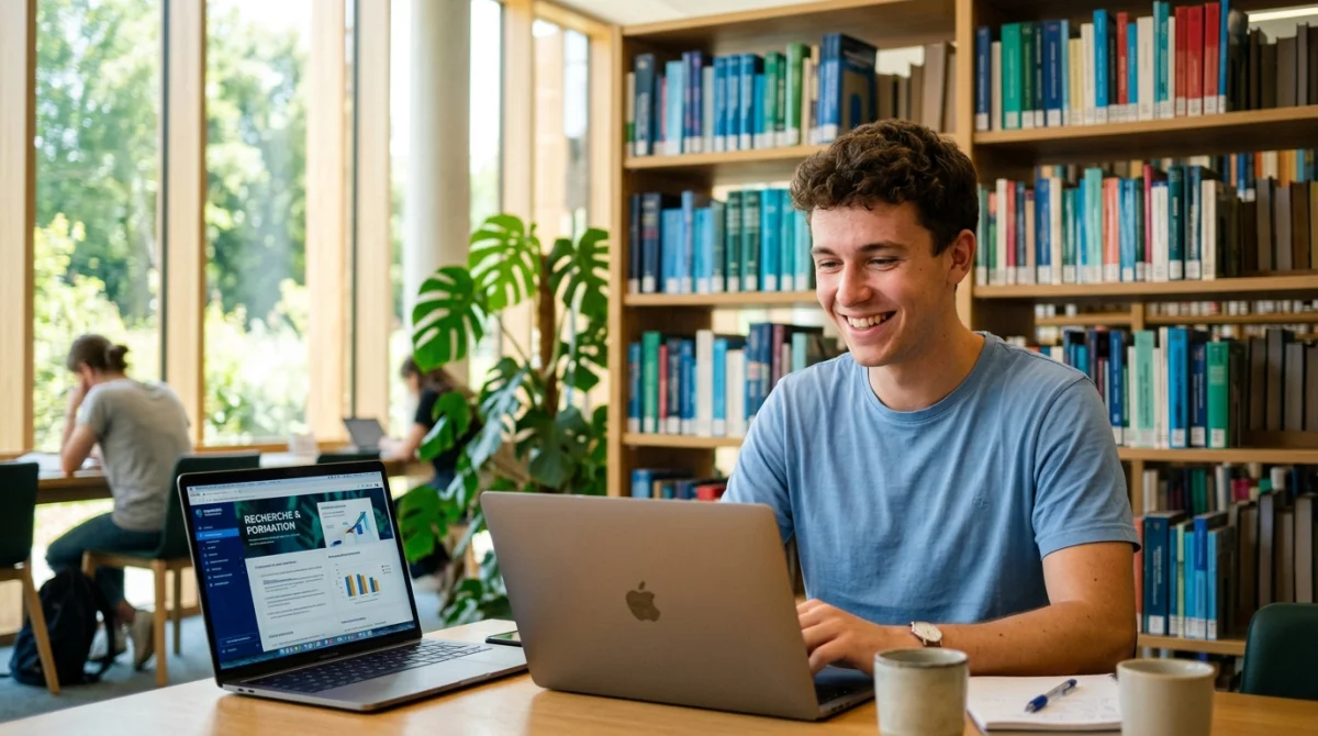 Jeune homme consultant des informations sur son CPF dans une bibliothèque moderne