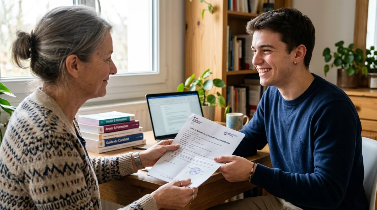Père donnant un document de formation à son fils pour l'aider dans son projet professionnel.
