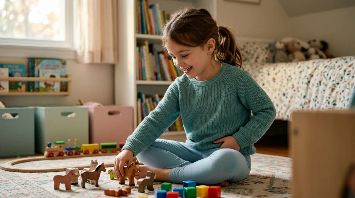 Fille curieuse jouant dans sa chambre, explorant son corps en toute innocence.