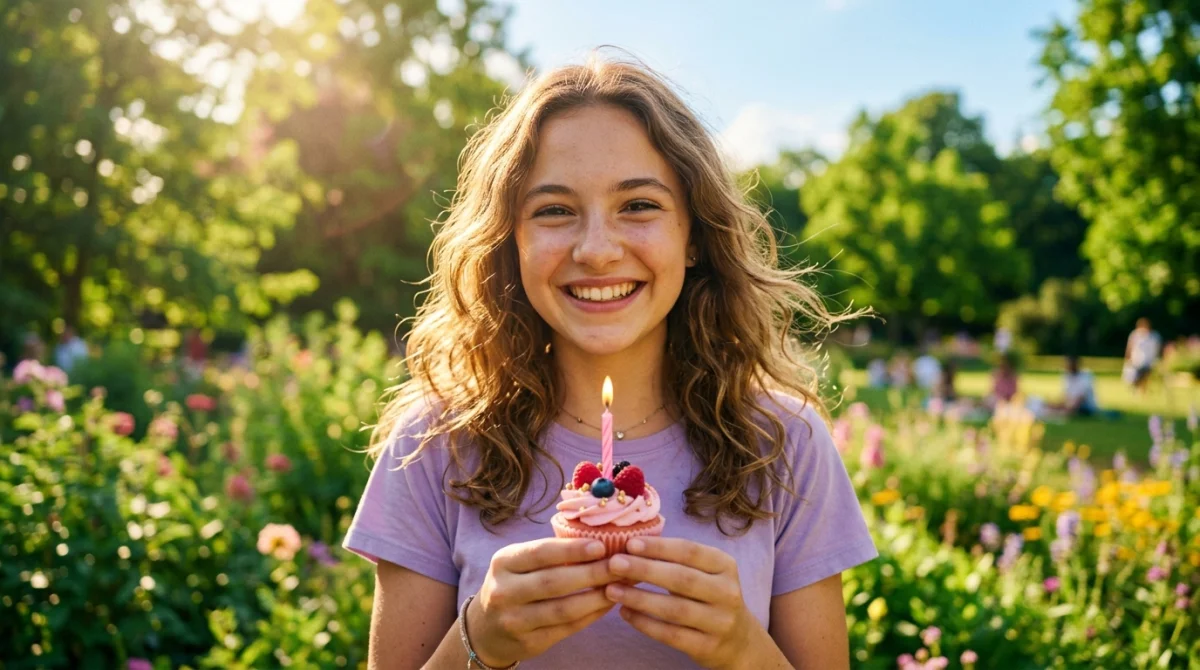 Adolescente souriante avec gâteau d'anniversaire dans un parc ensoleillé, texte joyeux anniversaire petite fille