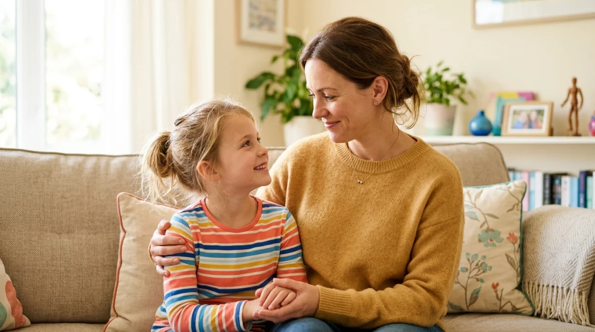 Mère et fille se regardent avec tendresse, salon chaleureux, compréhension face à la croissance.