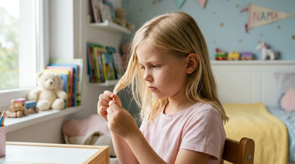 Jeune fille vérifiant ses cheveux blonds pour des lentes, pas de poux, dans sa chambre.
