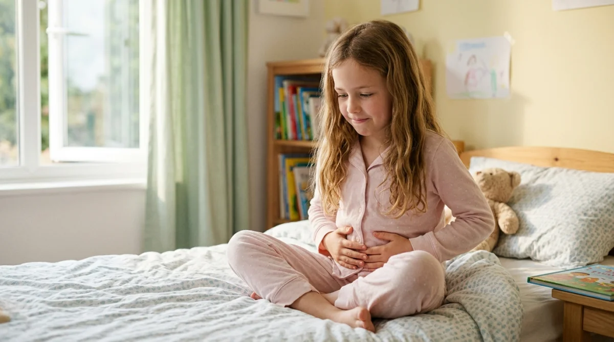 Fille aux cheveux longs tenant son ventre avec gêne dans une chambre d'enfant lumineuse.