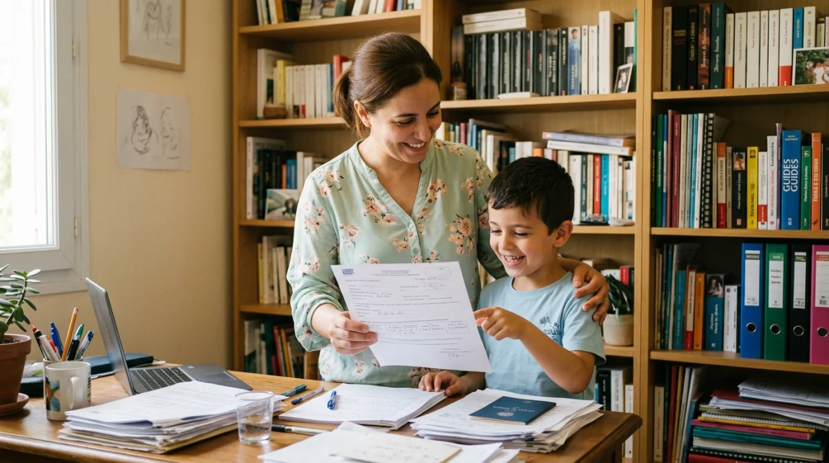 Mère et fils souriants examinant des documents pour ajouter un enfant sur un bail HLM.