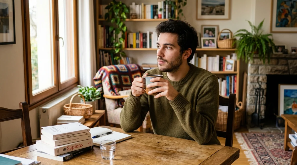 Jeune homme pensif dans un salon familial, tasse à la main, ambiance chaleureuse.