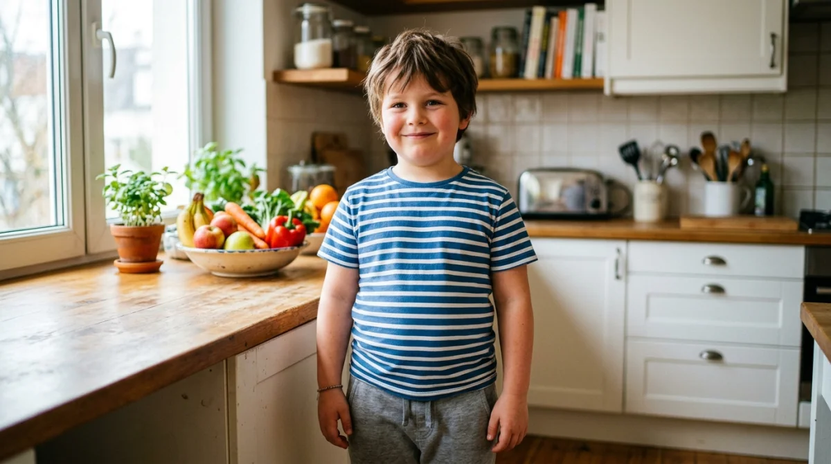 Garçon de 7 ans souriant avec un léger ballonnement abdominal dans une cuisine ensoleillée.