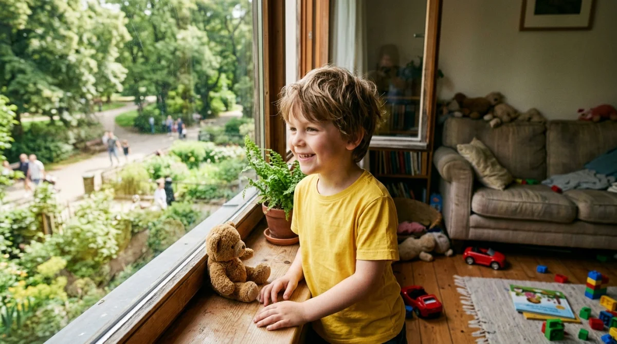 Jeune garçon souriant regardant par la fenêtre d'un salon HLM, symbole d'un futur foyer.
