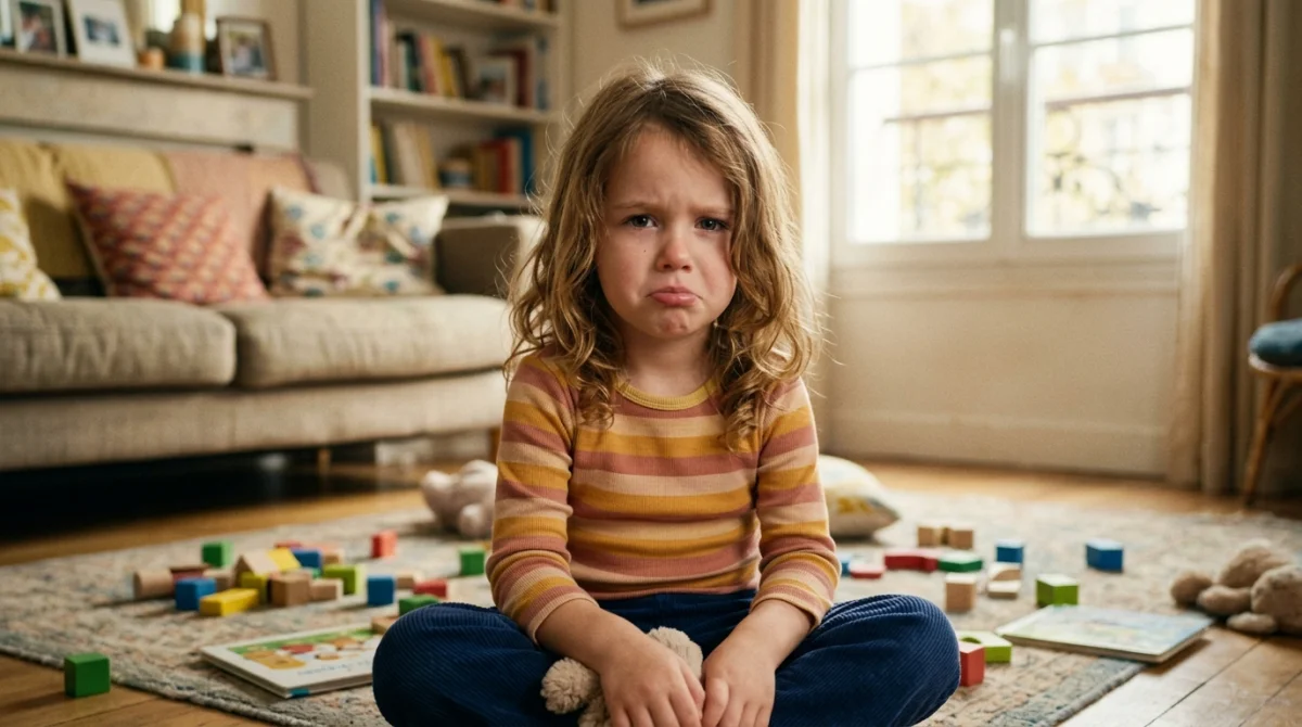 Fille de 5 ans exprimant tristesse et colère dans un salon familial, jouets au sol