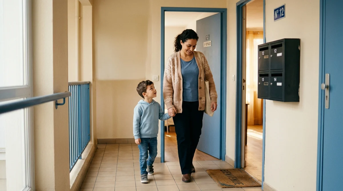 Mère et fils devant leur porte d'entrée HLM, symbolisant l'ajout sur le bail.