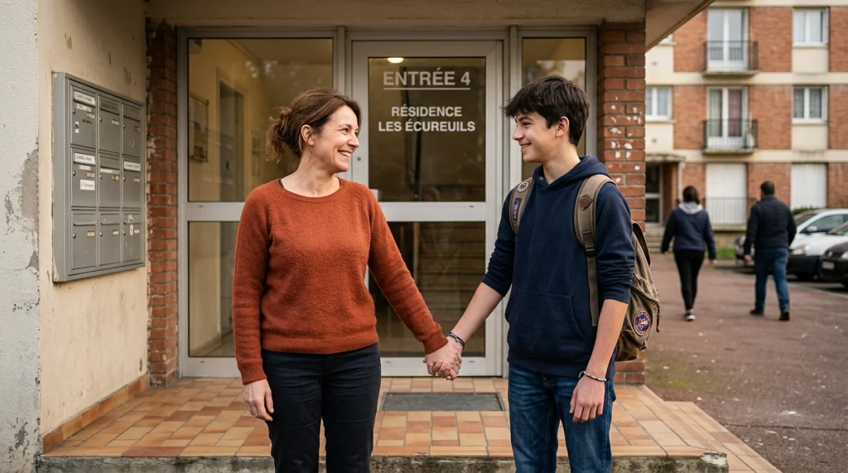 Mère et fils devant un immeuble HLM, symbolisant l'ajout sur un bail.
