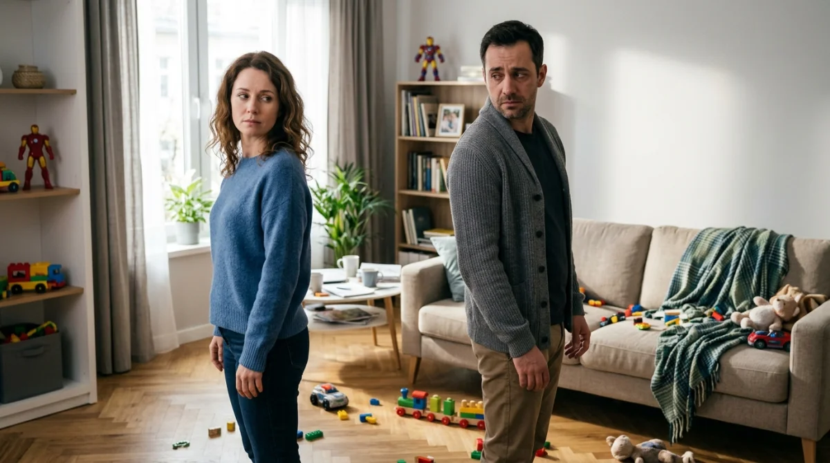 Couple en séparation dans un salon familial perturbé par les enfants