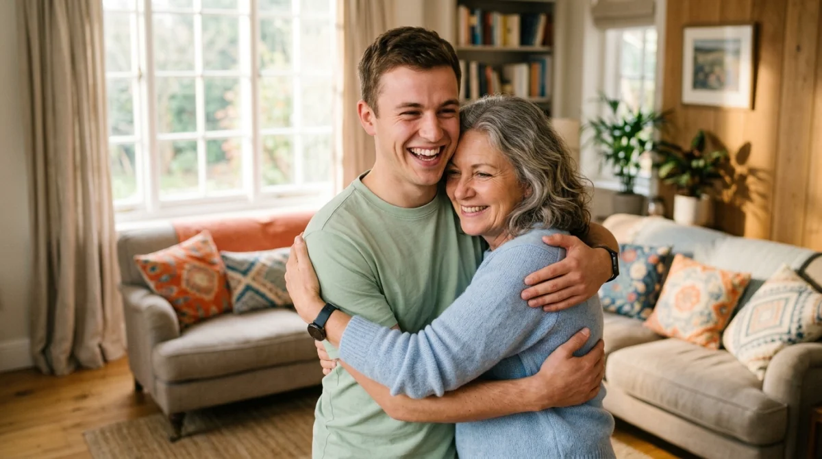 Jeune homme souriant recevant un câlin maternel dans un salon lumineux, ambiance joyeuse et tendre.