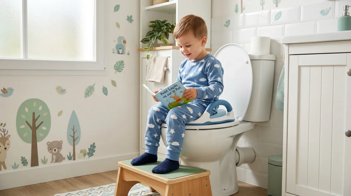 Jeune garçon détendu sur un réducteur de toilettes, illustrant l'apprentissage de la propreté pour mon fils fait pipi toutes les 5 minutes.