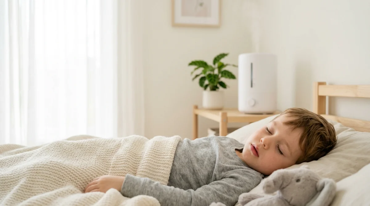 Jeune garçon respirant calmement dans une chambre saine avec un humidificateur pour prévenir les saignements de nez fréquents.