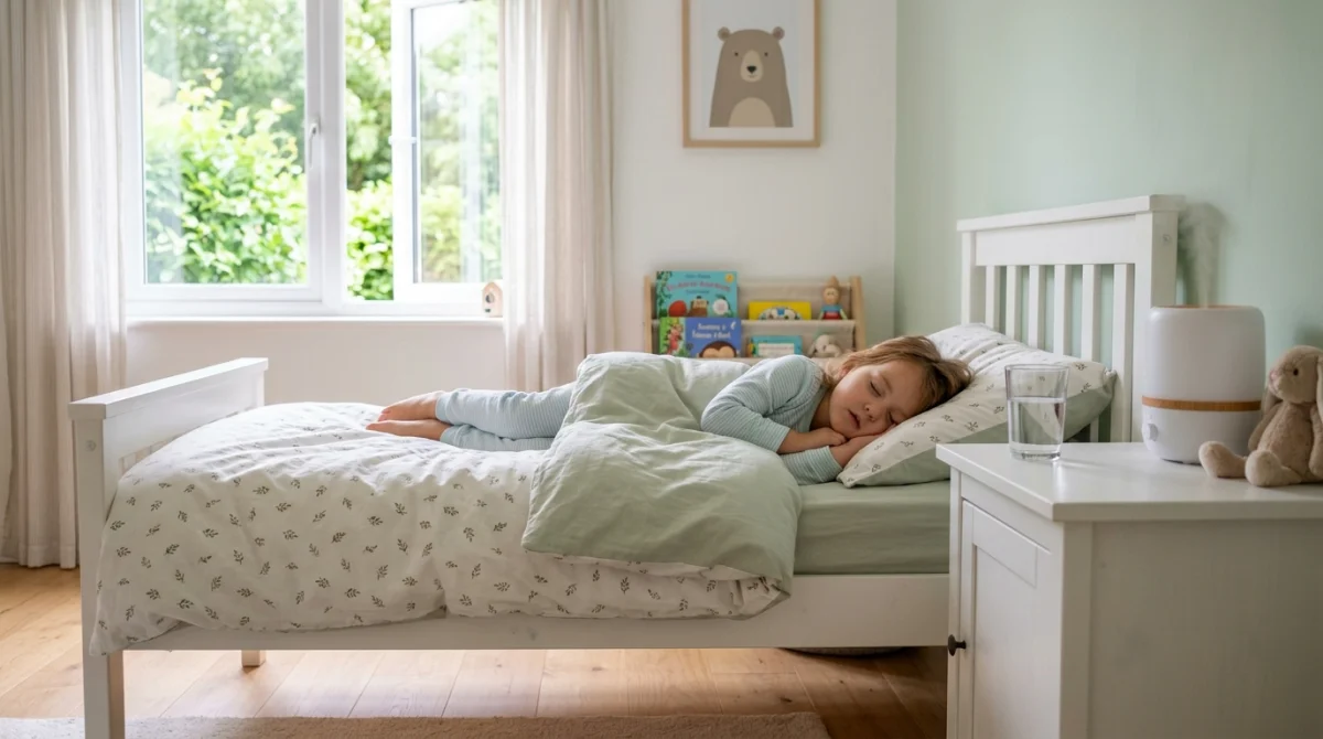 Jeune enfant endormi paisiblement dans une chambre aérée, illustrant des conseils pour un fils qui tousse.