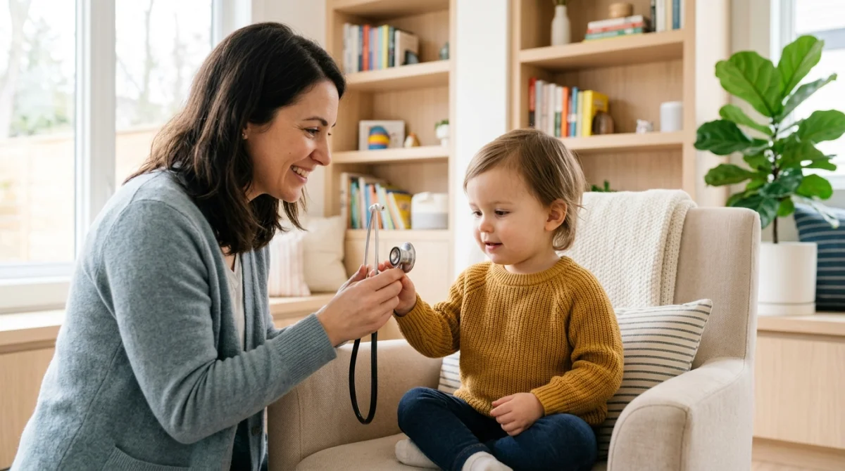 Parent bienveillant examinant son enfant avec un stéthoscope dans un salon lumineux, illustrant des conseils médicaux pédiatriques.