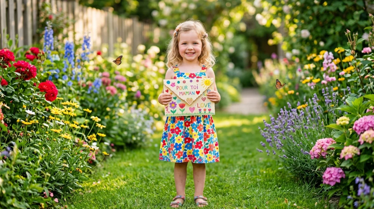 Petite fille souriante tenant une lettre colorée dans un jardin ensoleillé.