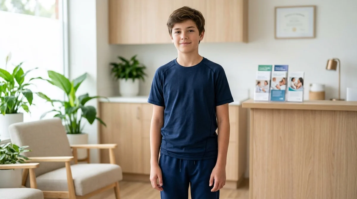 Adolescent de 13 ans en tenue de sport lors d'une consultation médicale dans un cabinet moderne et rassurant.