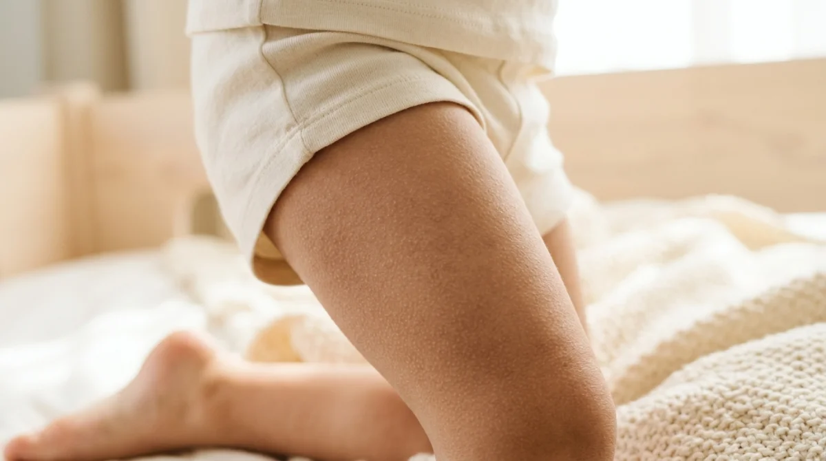 Gros plan sur les jambes d'un enfant présentant des boutons, illustrant le sujet mon fils a plein de boutons sur les jambes.