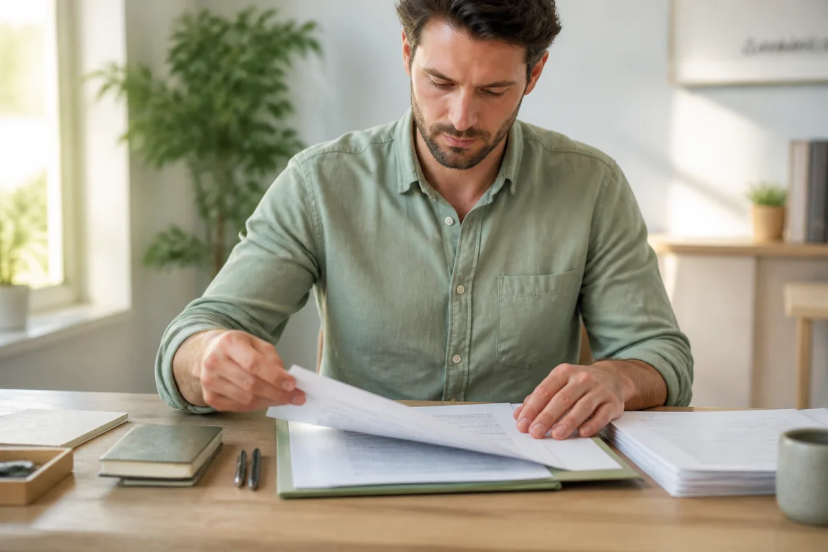 Personne organisant des documents administratifs dans un bureau lumineux pour illustrer le burnout comme maladie professionnelle.