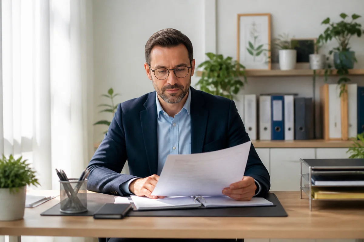 Personne sereine travaillant dans un bureau lumineux, illustrant une démarche administrative liée au burnout maladie professionnelle.