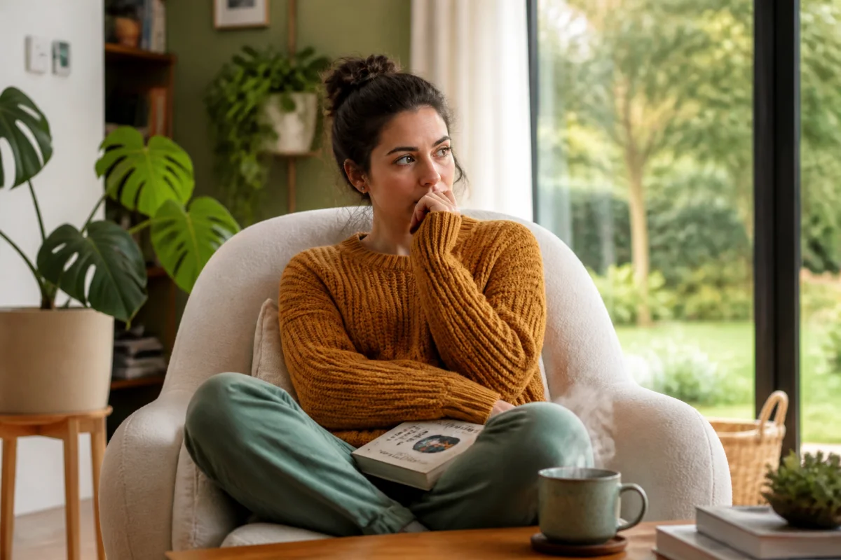 Jeune adulte pensif dans un salon lumineux, illustrant le besoin de repos et de reconnexion face au burnout parental.
