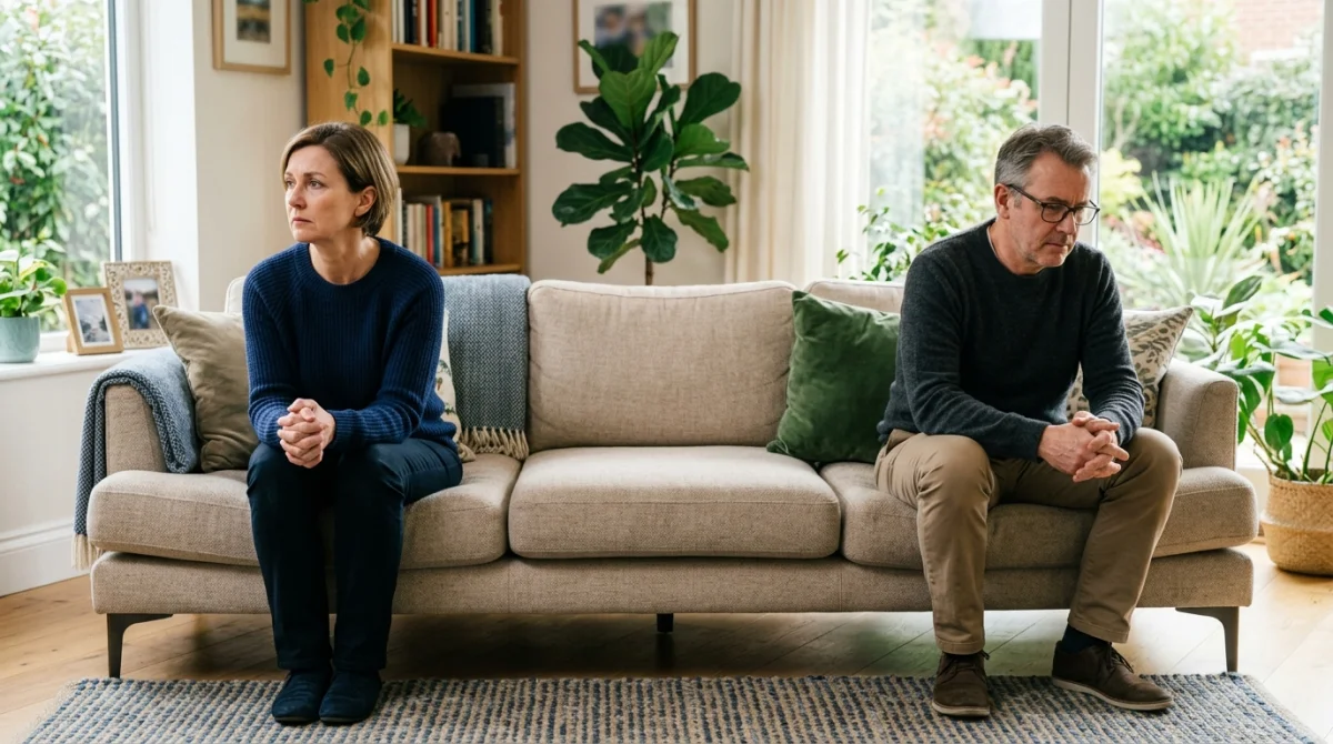 Couple d'âge moyen assis sur un canapé, illustrant la distance émotionnelle suite au conflit familial.