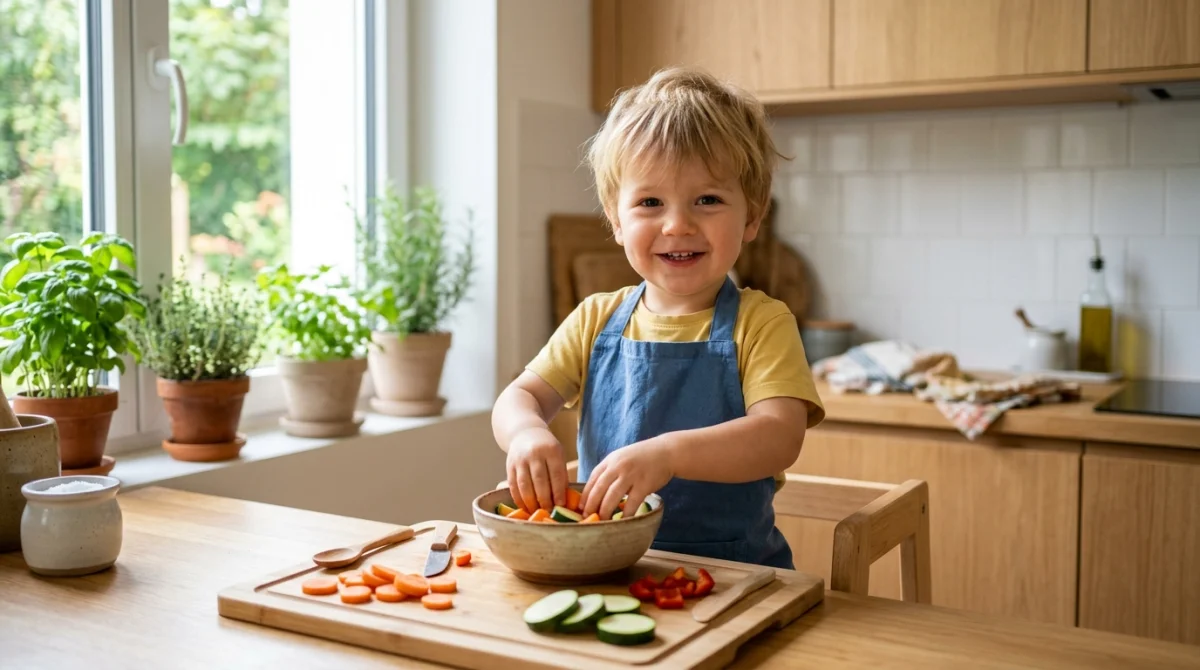 Enfant de 2 ans souriant préparant des légumes frais dans une cuisine lumineuse pour encourager une alimentation saine.