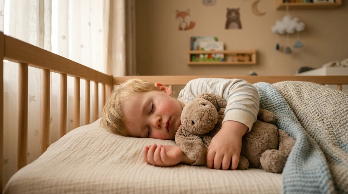 Un jeune enfant de deux ans dort paisiblement avec son doudou dans une chambre chaleureuse et sereine.