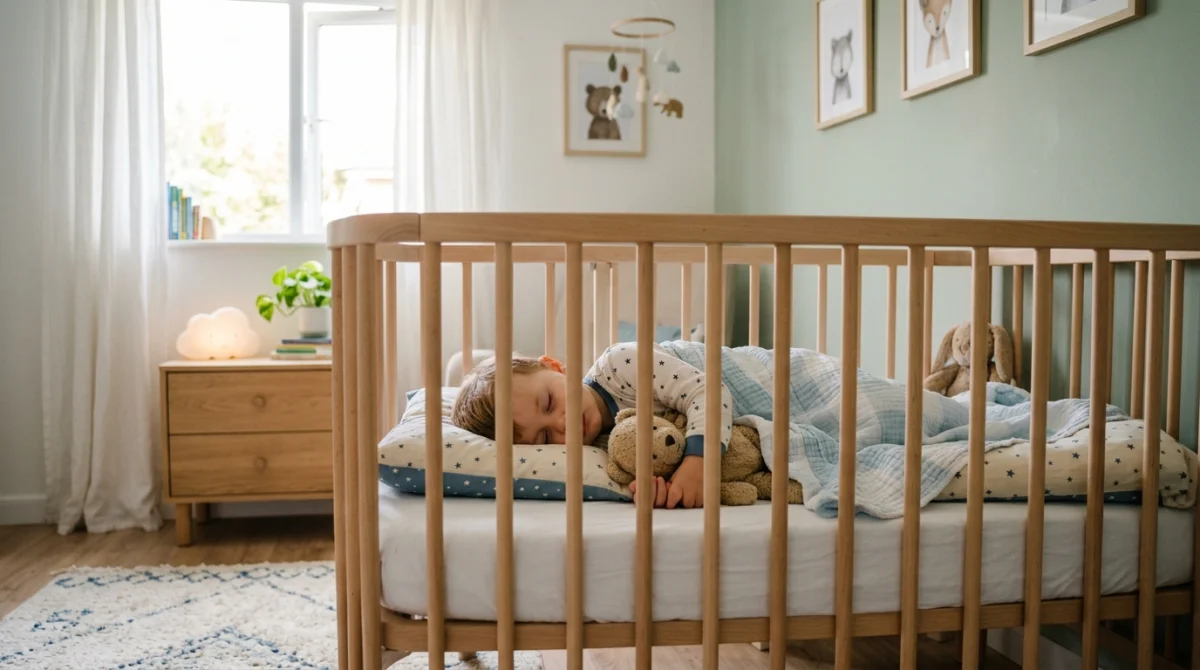 Enfant de deux ans endormi paisiblement dans son lit à barreaux, illustrant mon fils de 2 ans ne dort plus.