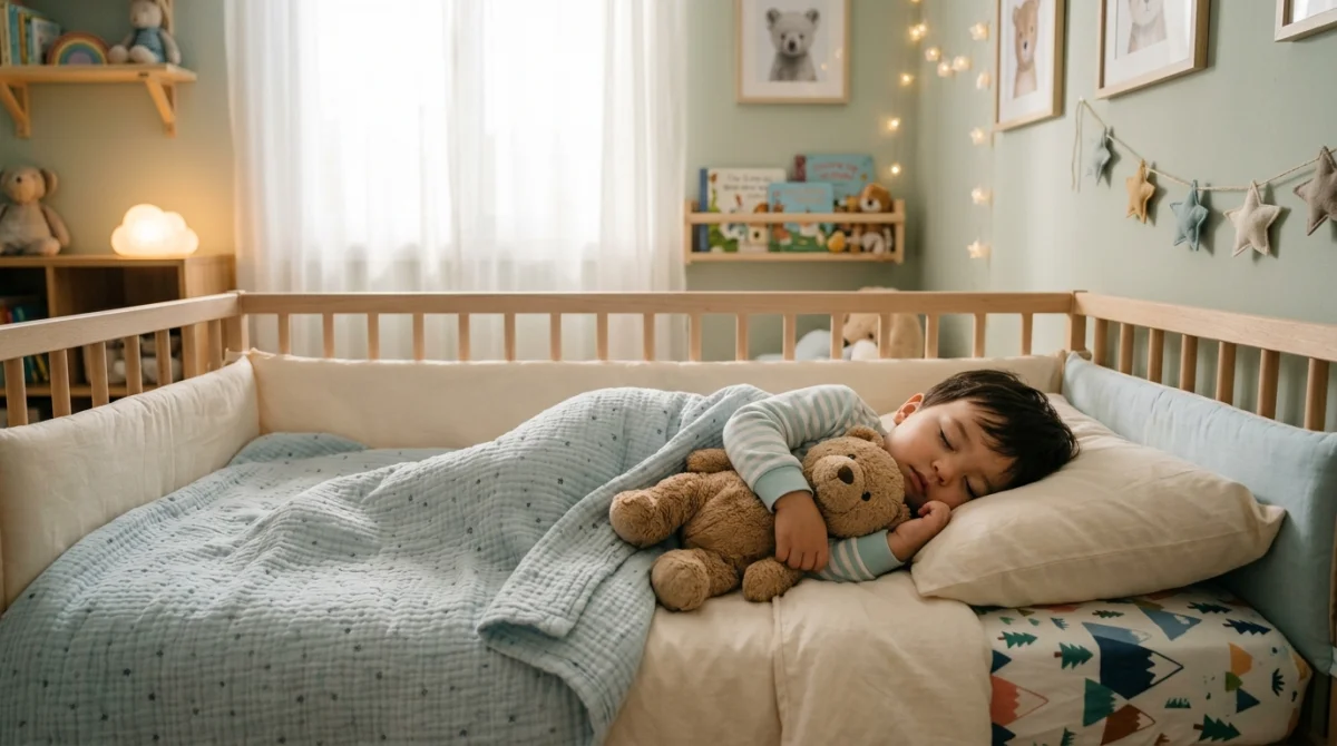Enfant de 2 ans dormant paisiblement avec sa peluche dans une chambre chaleureuse et rassurante.