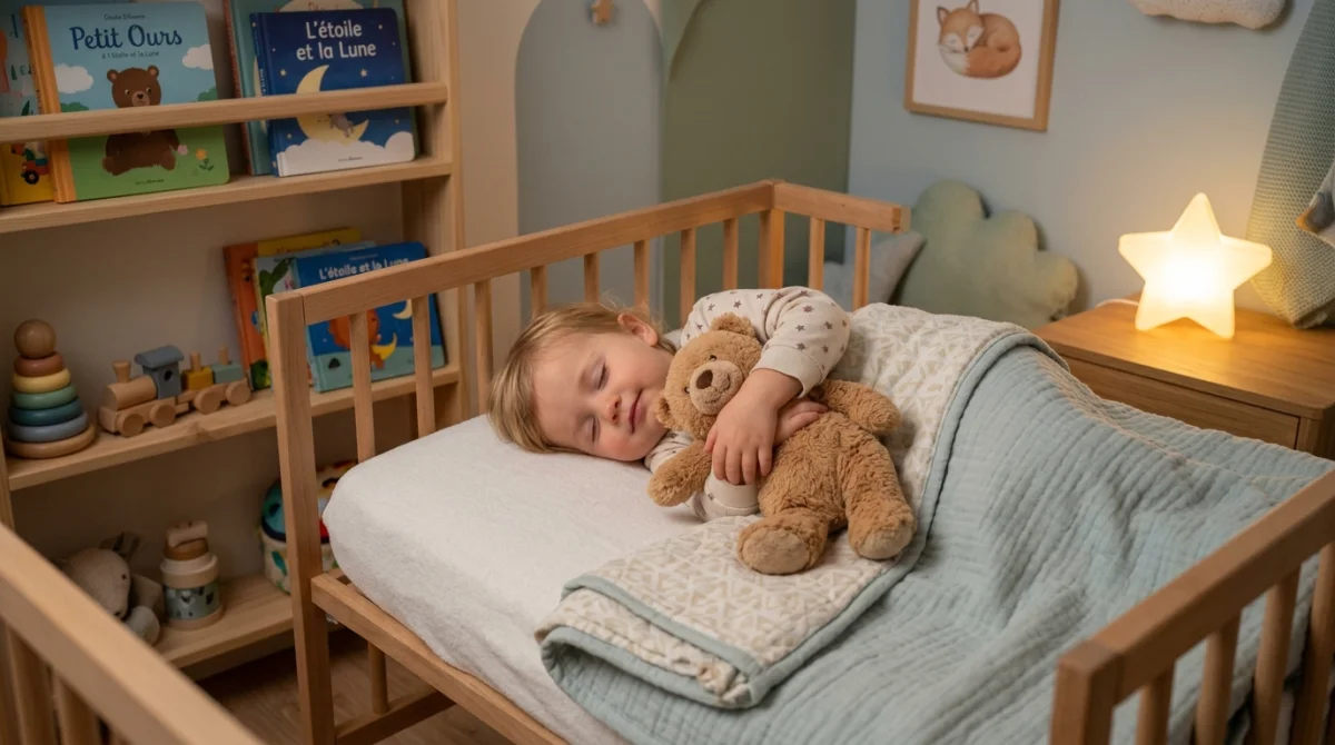 Enfant de deux ans dormant paisiblement avec son ourson dans une chambre chaleureuse pour mon fils de deux ans.