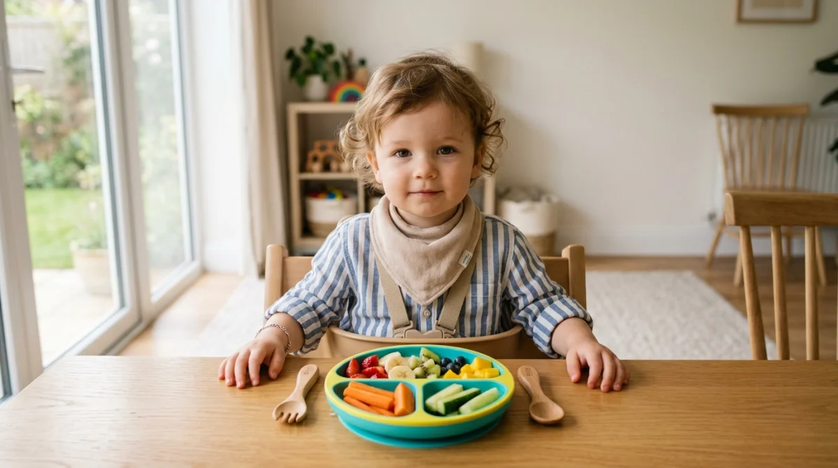 Enfant de deux ans assis devant une assiette de fruits et légumes pour illustrer mon fils de 2 ans ne veut plus manger.