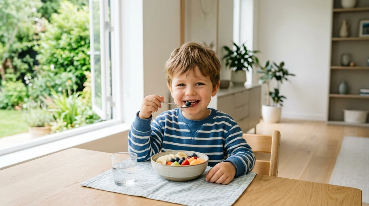 Jeune garçon de 3 ans souriant et serein mangeant des fruits frais dans une salle à manger lumineuse.