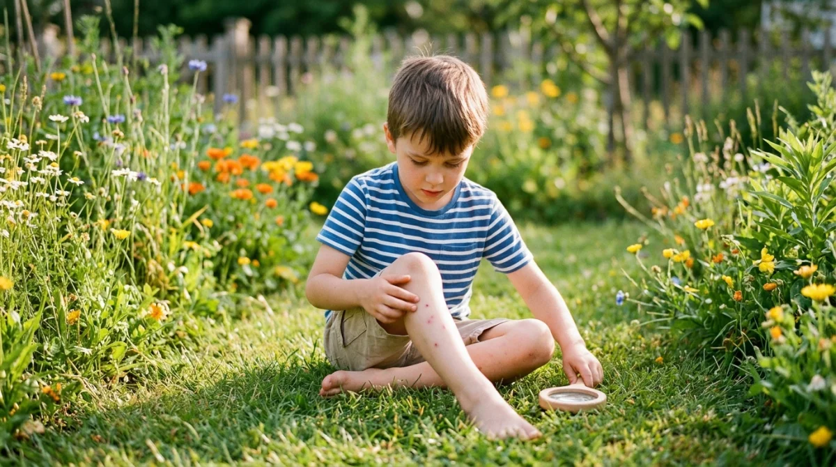 Jeune garçon observant des boutons sur ses jambes lors d'une après-midi de jeu dans un jardin ensoleillé.
